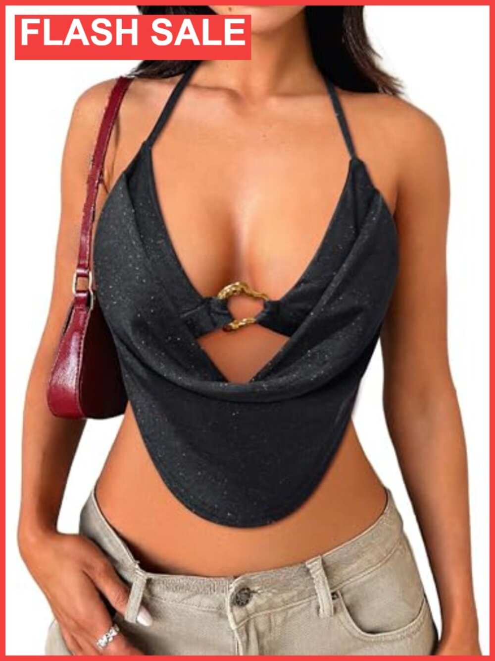 Women's Halter Open Back Deep V Neck Sleeveless Crop Tank Top Party Club